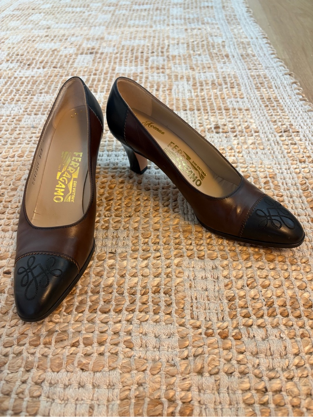 Salvatore Ferragamo Brown and Black Leather Heeled Pumps